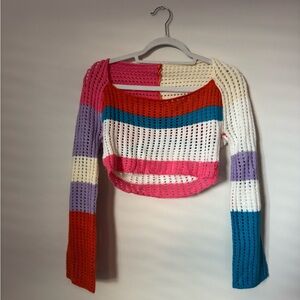 Colorful Striped Crochet Crop Sweater